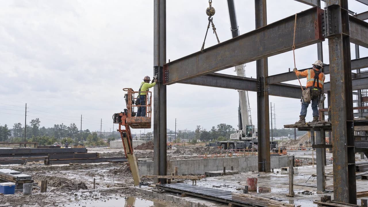 Ironworkers connecting a crane-hung steel beam on a Houston building frame
