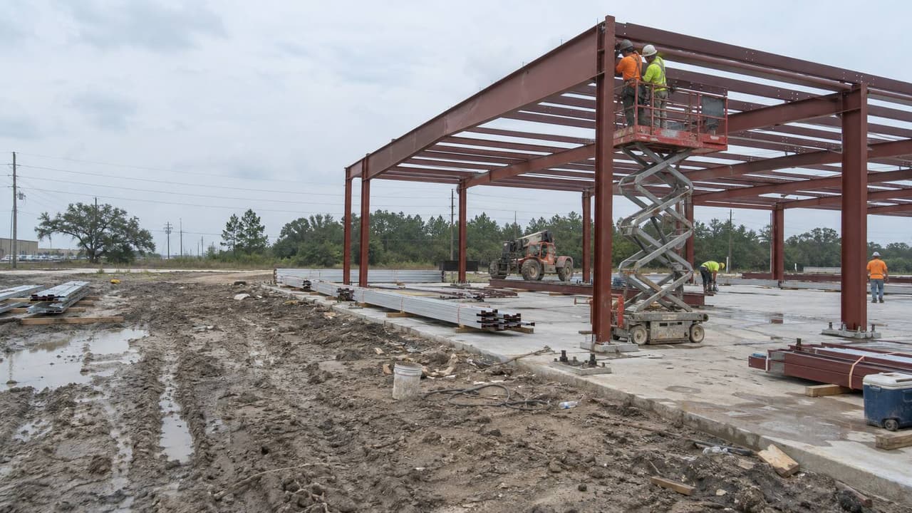 Crew bolting a red-iron metal building frame on a new slab near Houston